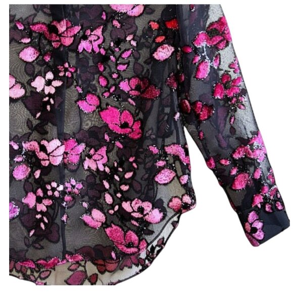 Alice + Olivia Velvet Flocked Sheer Chiffon Floral Blouse Black Size XS - Picture 3 of 13
